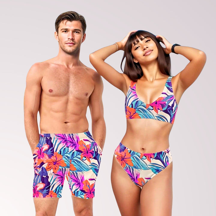 Matching Swimsuits Tropical Floral Print Bathing Suits for Couple Swimwear for Honeymoon or Wedding Gift for Bride and Groom Beach Vacation