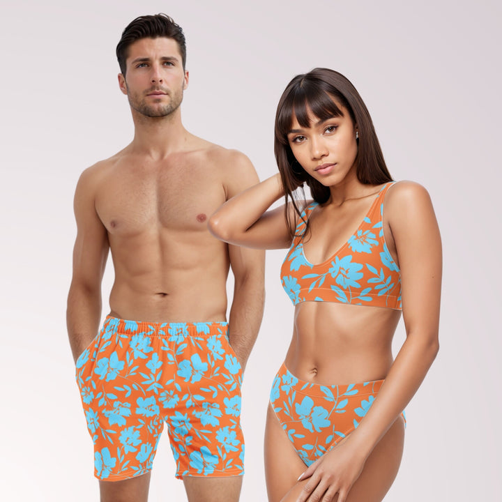 COUPLES MATCHING SWIMWEAR - Orange Blue Tropical Floral Mix & Match Swimsuits with Sun Protection for Honeymoon Beach Vacation Pool Party