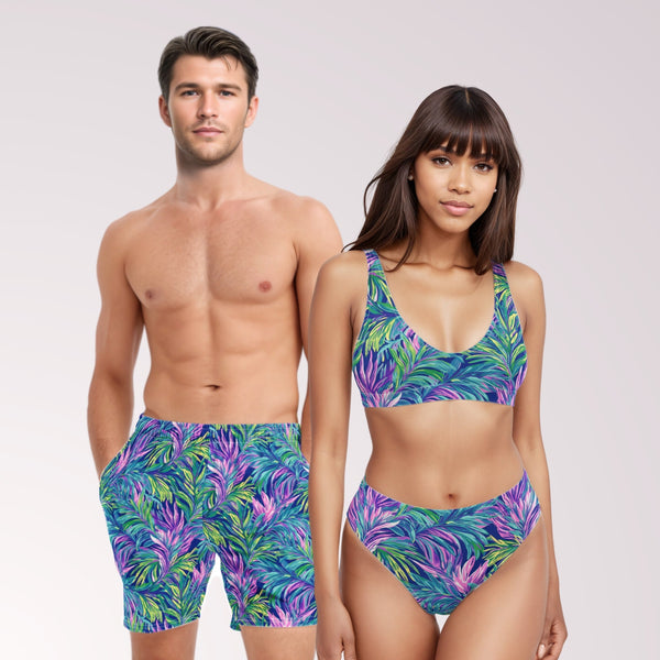 COUPLES MATCHING SWIMWEAR - Palm Leaves Tropical Floral Print Mix & Match Swimsuits Sun Protection for Honeymoon Beach Vacation Pool Party