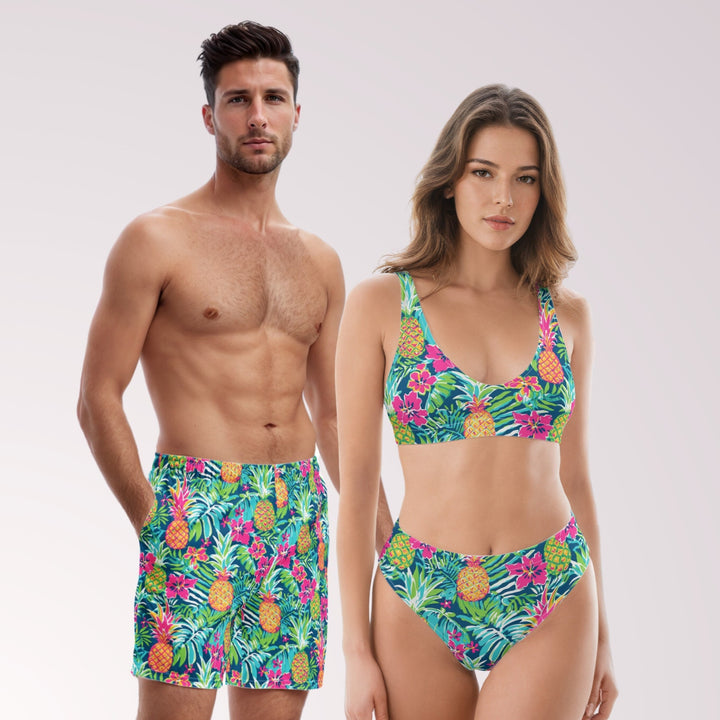 COUPLES MATCHING SWIMWEAR - Tropical Pineapple Print Mix & Match Swimsuits with Sun Protection for Honeymoon Beach Vacation Pool Party