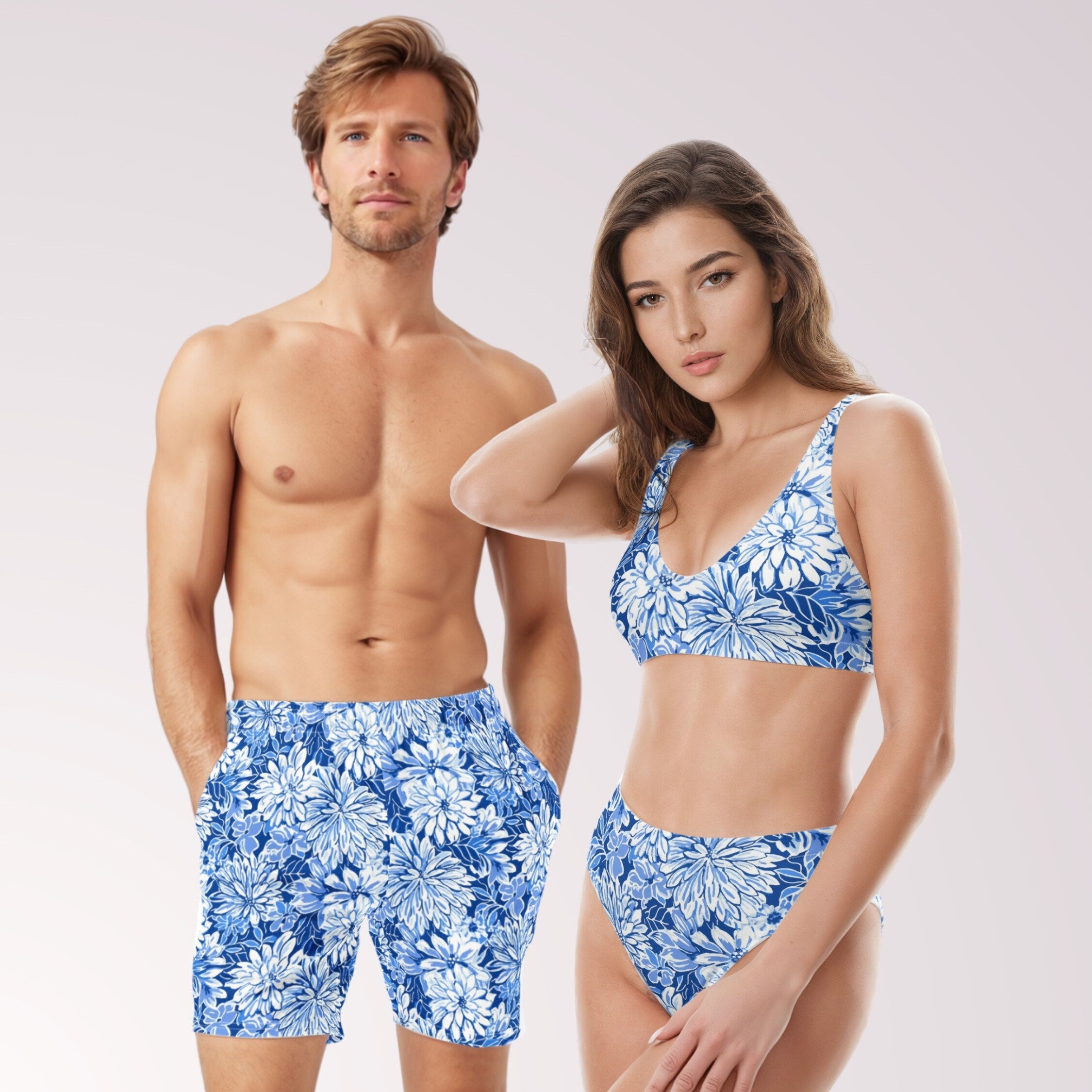 COUPLES MATCHING SWIMWEAR - Blue White Tropical Floral Mix & Match Swimsuits with Sun Protection for Honeymoon Beach Vacation Pool Party