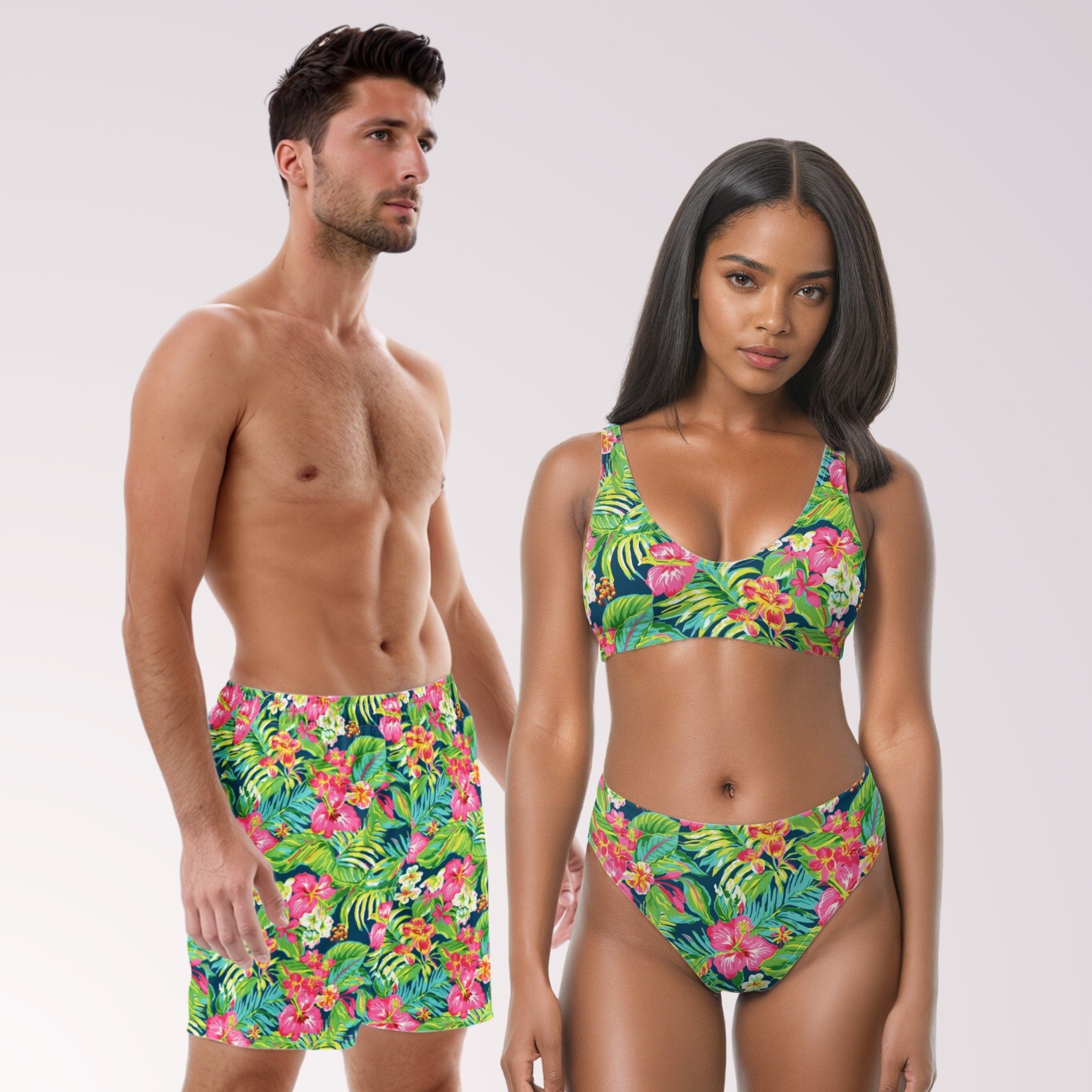 COUPLES MATCHING SWIMWEAR - Tropical Floral Mix & Match Swimsuits with Sun Protection for Honeymoon Beach Vacation Pool Party