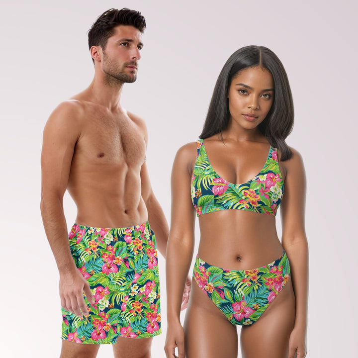 COUPLES MATCHING SWIMWEAR - Tropical Floral Mix & Match Swimsuits with Sun Protection for Honeymoon Beach Vacation Pool Party