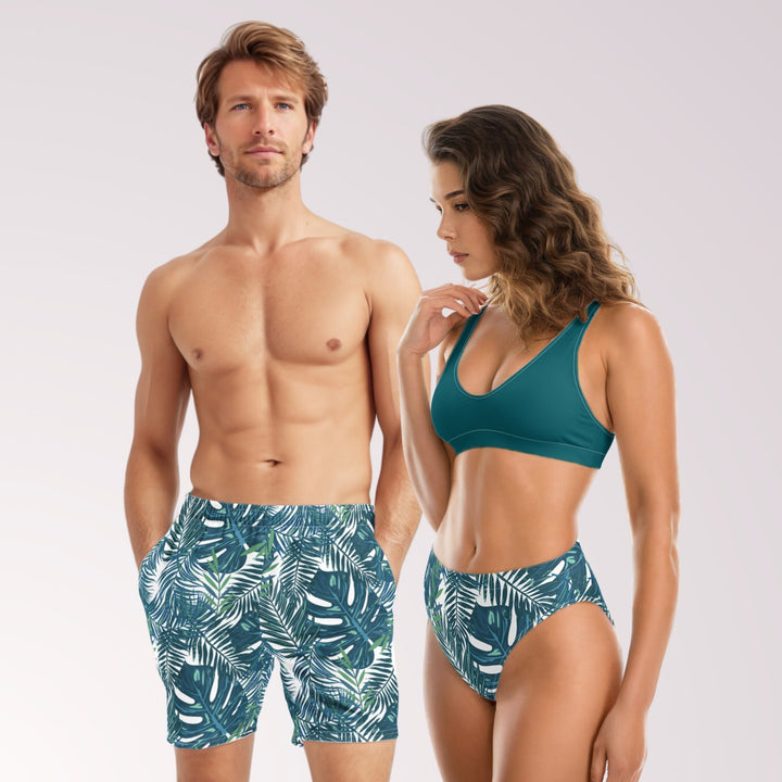 Tropical Leaves Print Couples Matching Swimwear Mix & Match Dark Teal for Honeymoon Beach Vacation Pool Party