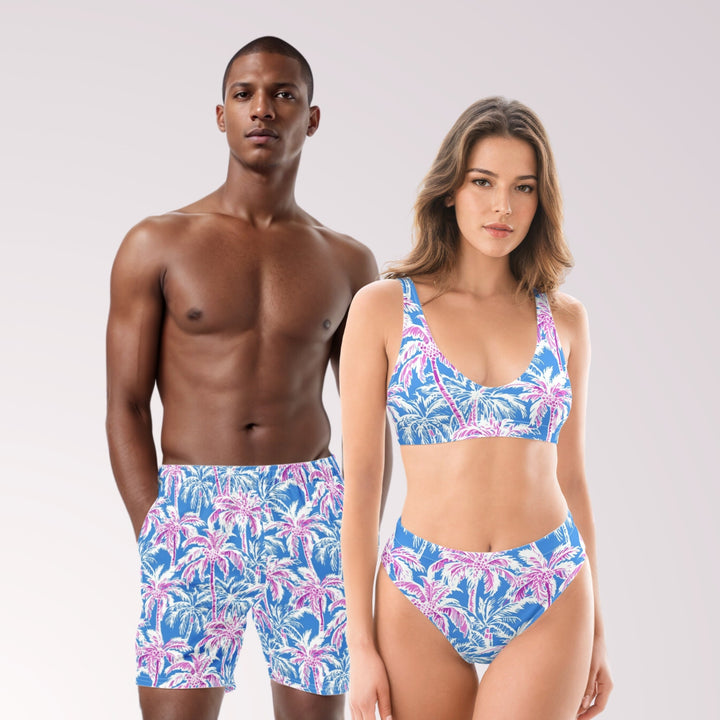 COUPLES MATCHING SWIMWEAR Tropical Palm Trees Print Mix & Match Blue White Swimsuits Sun Protection for Honeymoon Beach Vacation Pool Party