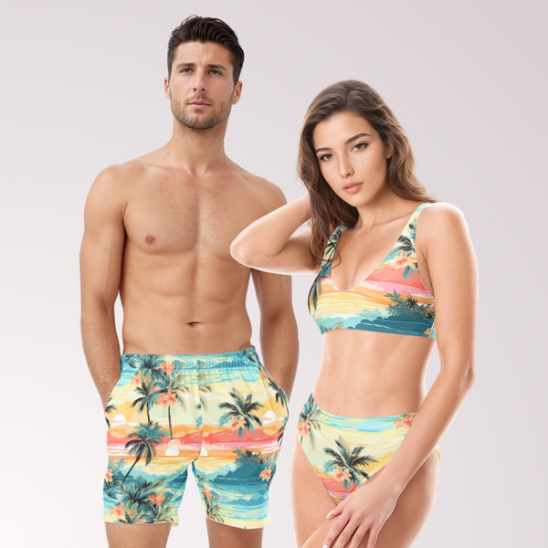 COUPLES MATCHING SWIMWEAR - Palm Trees Tropical Mix & Match Swimsuits with Sun Protection for Honeymoon Beach Vacation Pool Party