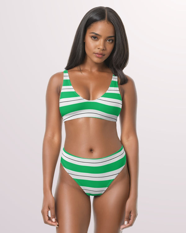 Green Striped Bikini Swimsuit - Cute High Waist Womens 2 Piece Swimsuit Set for Summer Beach Vacay Bathing Suit Love Island Inspired