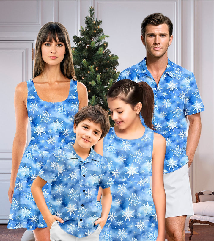 Family Matching Outfits for Christmas Party, Snowflake Christmas Print Holiday Shirt, Mommy and Me Dress, Father and Son Shirt