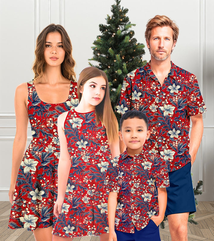 Family Matching Outfits for Christmas Party, Vintage Print Holiday Shirt, Mommy and Me Dress, Father and Son Shirt