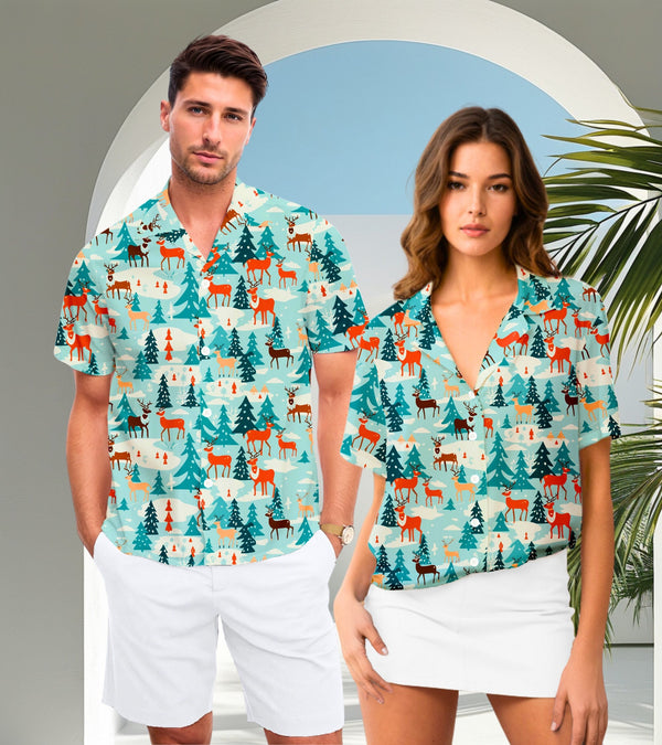 Couples Matching Christmas Hawaiian Shirt Short Sleeve Button Up Collar Shirt for Xmas Party His & Hers Clothing Gift for Couples Reindeer