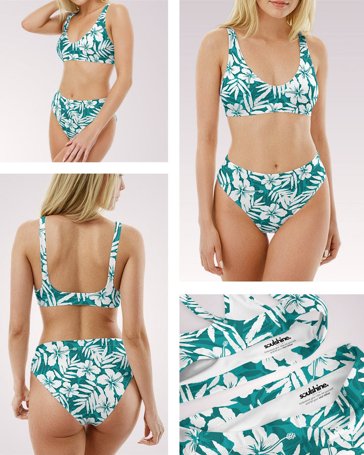 COUPLES MATCHING SWIMWEAR - Green Hibiscus Tropical Floral Mix & Match Swimsuits with Sun Protection for Honeymoon Beach Vacation Pool Party