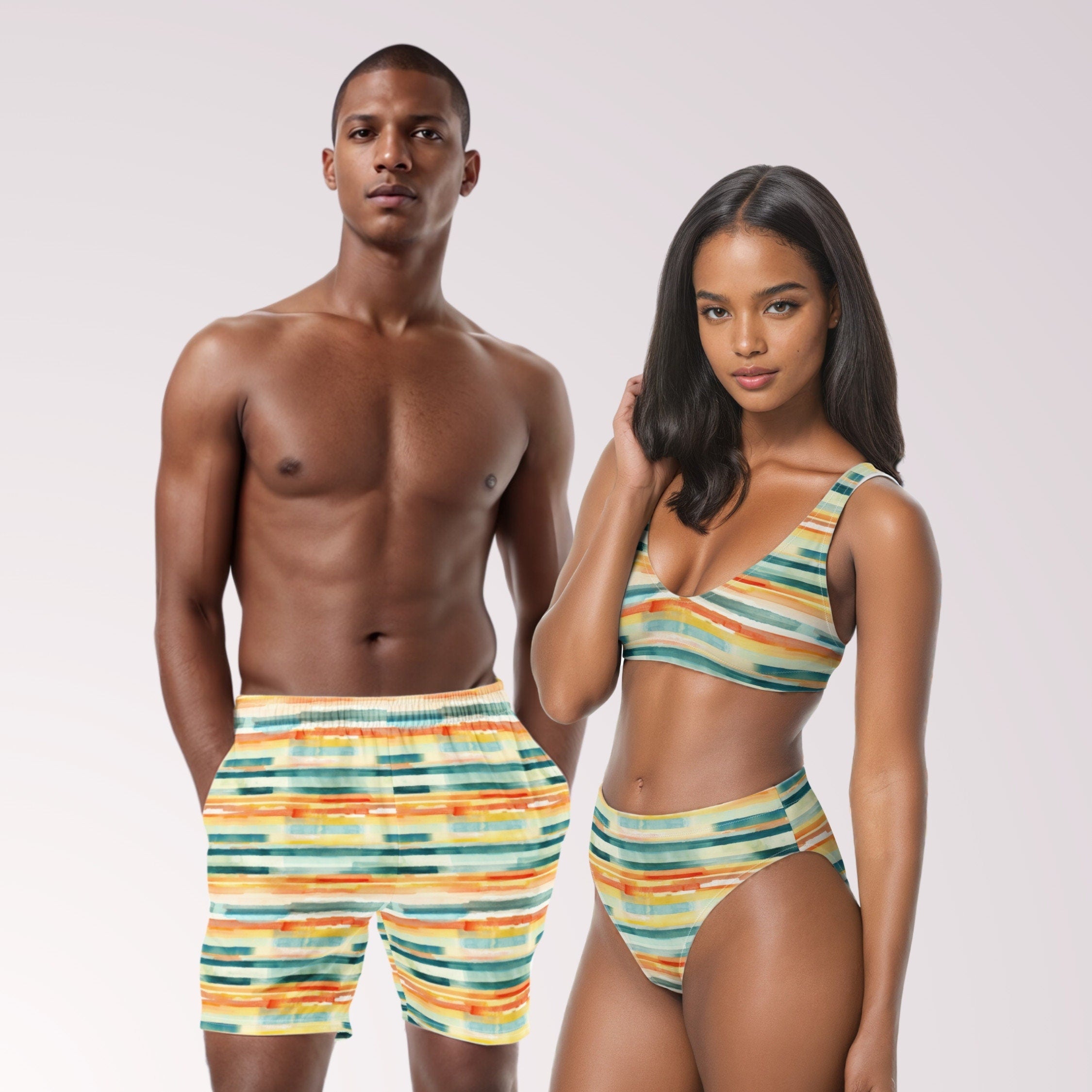 COUPLES MATCHING SWIMWEAR - Yellow Stripe Print Abstract Mix & Match Swimsuits with Sun Protection for Honeymoon Beach Vacation Pool Party