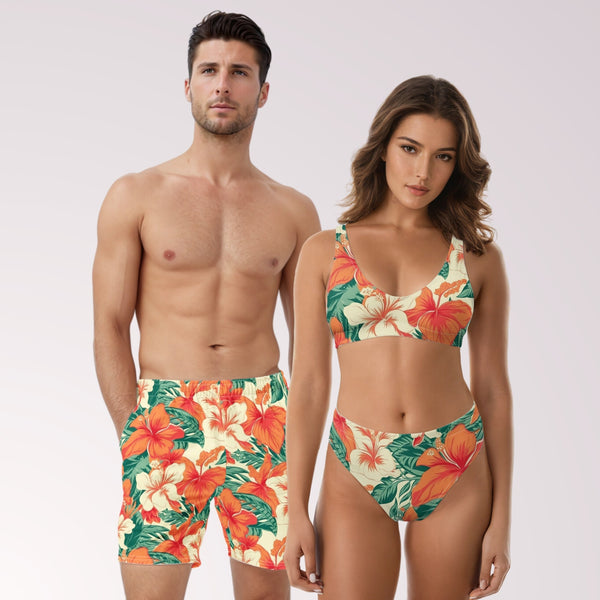 COUPLES MATCHING SWIMWEAR - Orange Hawaiian Tropical Print Mix & Match Swimsuits with Sun Protection for Honeymoon Beach Vacation Pool Party