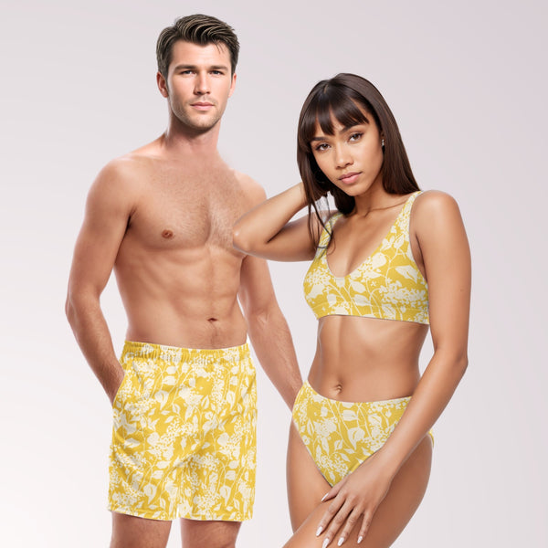 COUPLES MATCHING SWIMWEAR - Hawaiian Floral Print Tropical Mix & Match Swimsuits with Sun Protection for Honeymoon Beach Vacation Pool Party