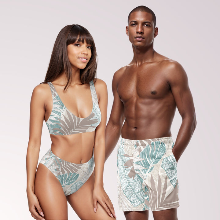 COUPLES MATCHING SWIMWEAR - Leaf Floral Print Tropical Mix & Match Swimsuits with Sun Protection for Honeymoon Beach Vacation Pool Party