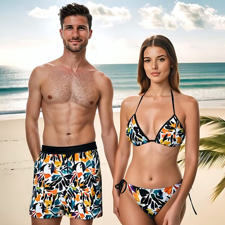 Matching Swimsuits Watercolor Flora Bathing Suits for Couple Swimwear for Honeymoon or Wedding Gift for Bride and Groom Beach Vacation