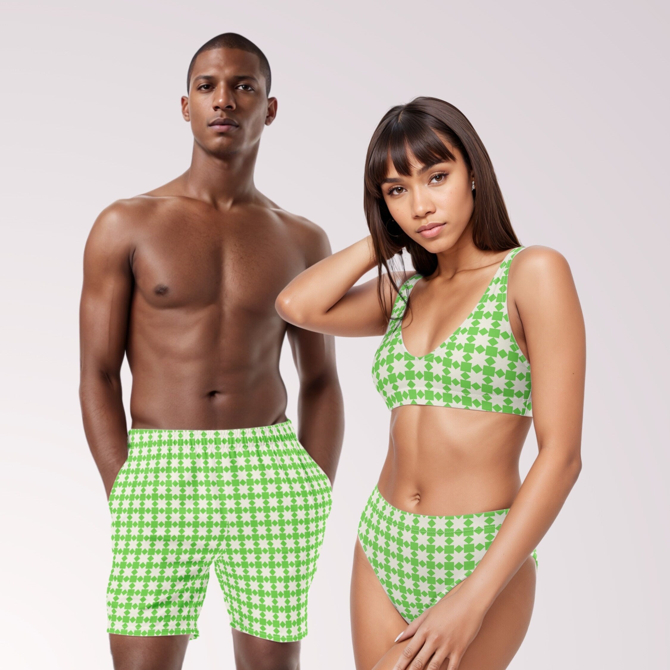 COUPLES MATCHING SWIMWEAR - Green Checkered Print Retro Mix & Match Swimsuits with Sun Protection for Honeymoon Beach Vacation Pool Party