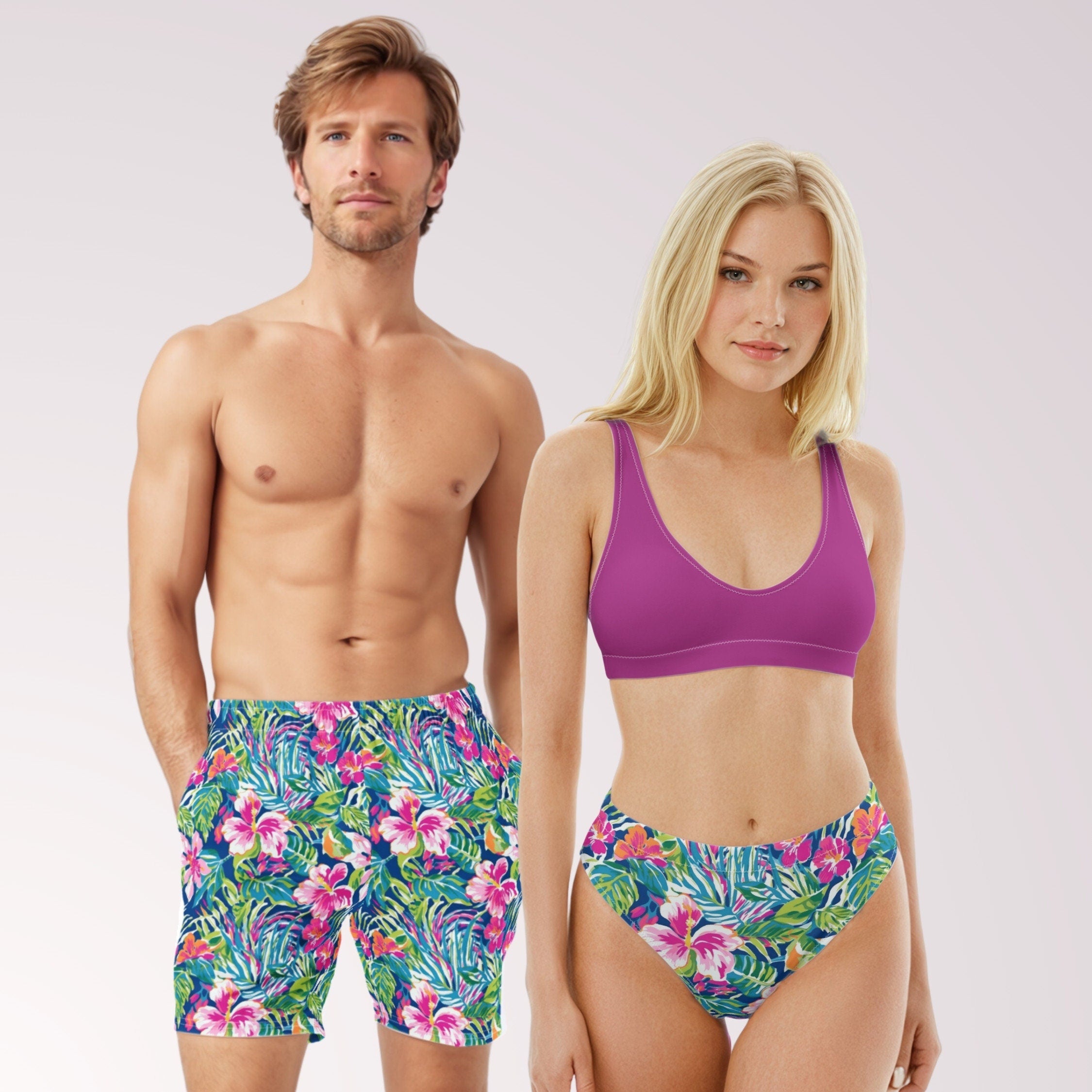 COUPLES MATCHING SWIMWEAR - Tropical Floral Print Mix & Match Swimsuits with Sun Protection for Honeymoon Beach Vacation Pool Party