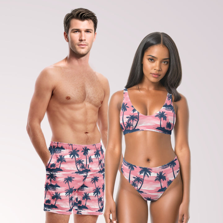 COUPLES MATCHING SWIMWEAR - Pink Palm Trees Tropical Mix & Match Swimsuits with Sun Protection for Honeymoon Beach Vacation Pool Party