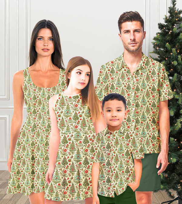 Family Matching Outfits for Christmas Party, Vintage Christmas Tree Print Holiday Shirt, Mommy and Me Dress, Father and Son Shirt