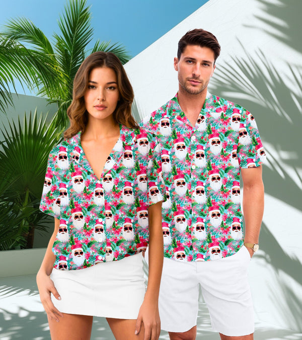 Couples Matching Christmas Hawaiian Shirt Short Sleeve Button Up Collar Shirt for Xmas Party His & Hers Clothing Gift for Couples Santa