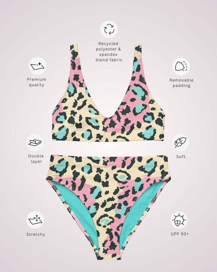 Pastel Animal Print Bikini Swimsuit - Cute High Waist Womens 2 Piece Swimsuit Set for Summer Beach Vacay Bathing Suit