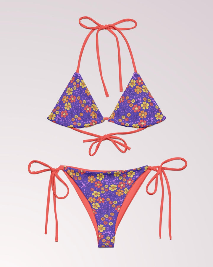 Purple Boho Floral Print Bikini - Cute 2 Piece Swimsuit Set Woman for Summer Beach Vacay String Bikini Bathing Suit