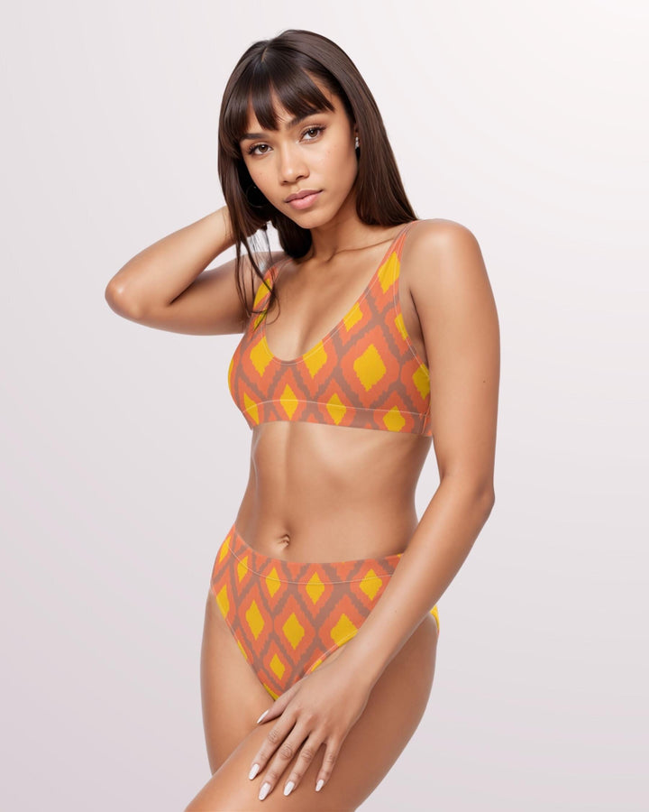 Boho Geometric Print Bikini Swimsuit - Cute High Waist Womens 2 Piece Swimsuit Set for Summer Beach Vacay Bathing Suit