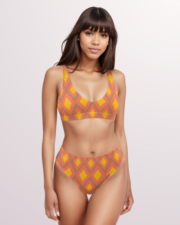 Boho Geometric Print Bikini Swimsuit - Cute High Waist Womens 2 Piece Swimsuit Set for Summer Beach Vacay Bathing Suit