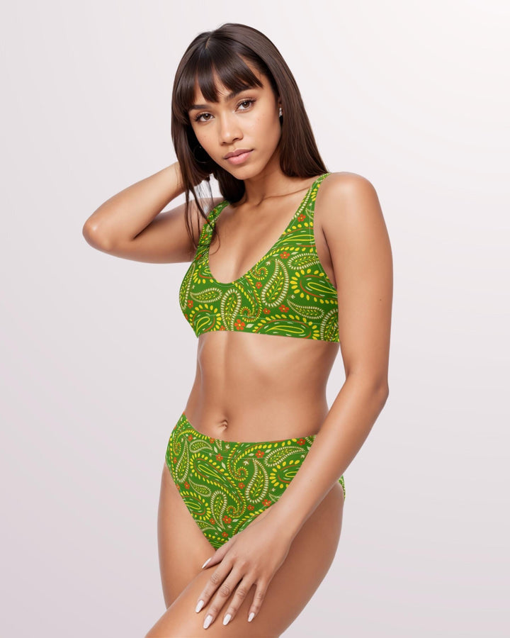 Green Paisley Print Bikini Swimsuit - Cute High Waist Womens 2 Piece Swimsuit Set for Summer Beach Vacay Bathing Suit