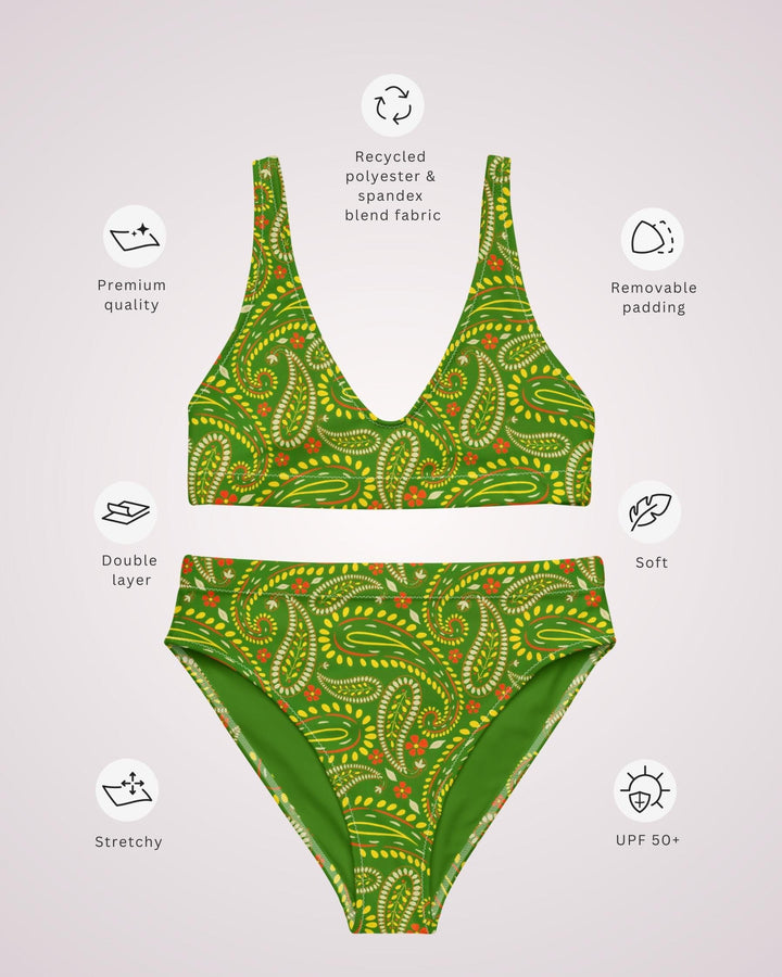 Green Paisley Print Bikini Swimsuit - Cute High Waist Womens 2 Piece Swimsuit Set for Summer Beach Vacay Bathing Suit