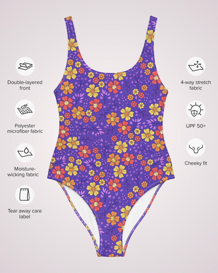 Womens One Piece Swimsuit Purple Boho Floral Print