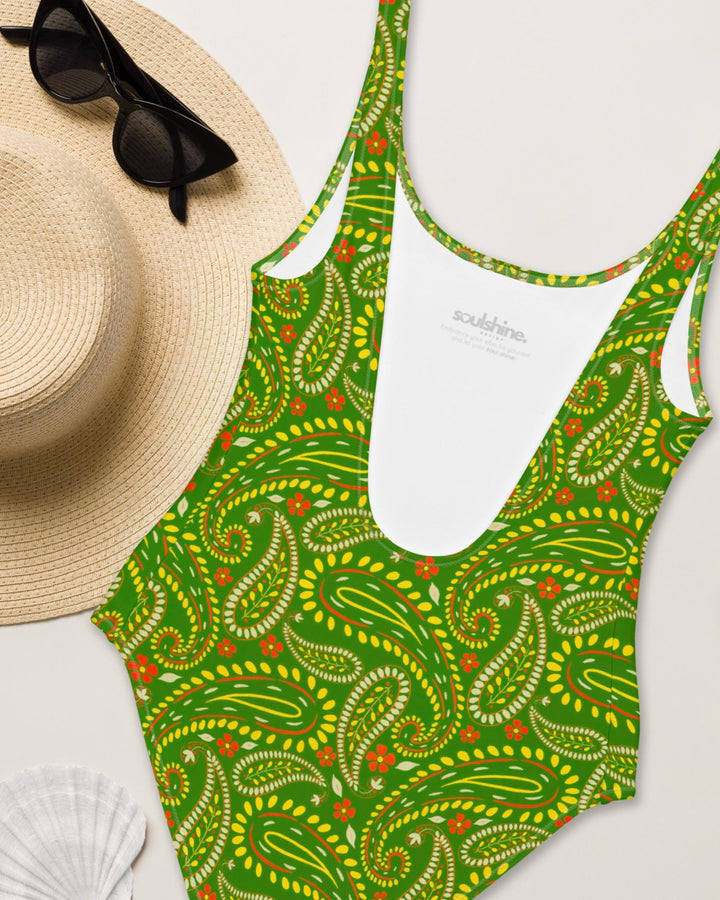 Womens One Piece Swimsuit Green Paisley Print