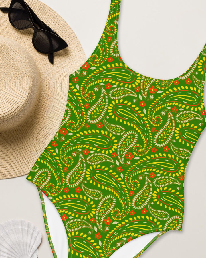 Womens One Piece Swimsuit Green Paisley Print