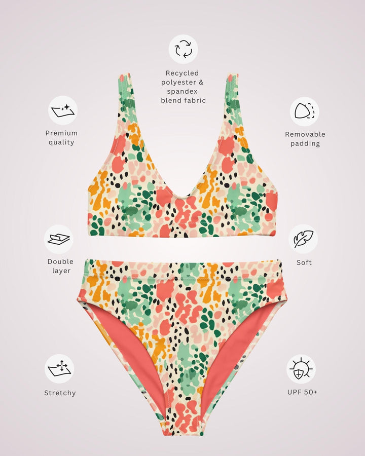 Colorful Abstract Print Bikini Swimsuit - Cute High Waist Womens 2 Piece Swimsuit Set for Summer Beach Vacay Bathing Suit