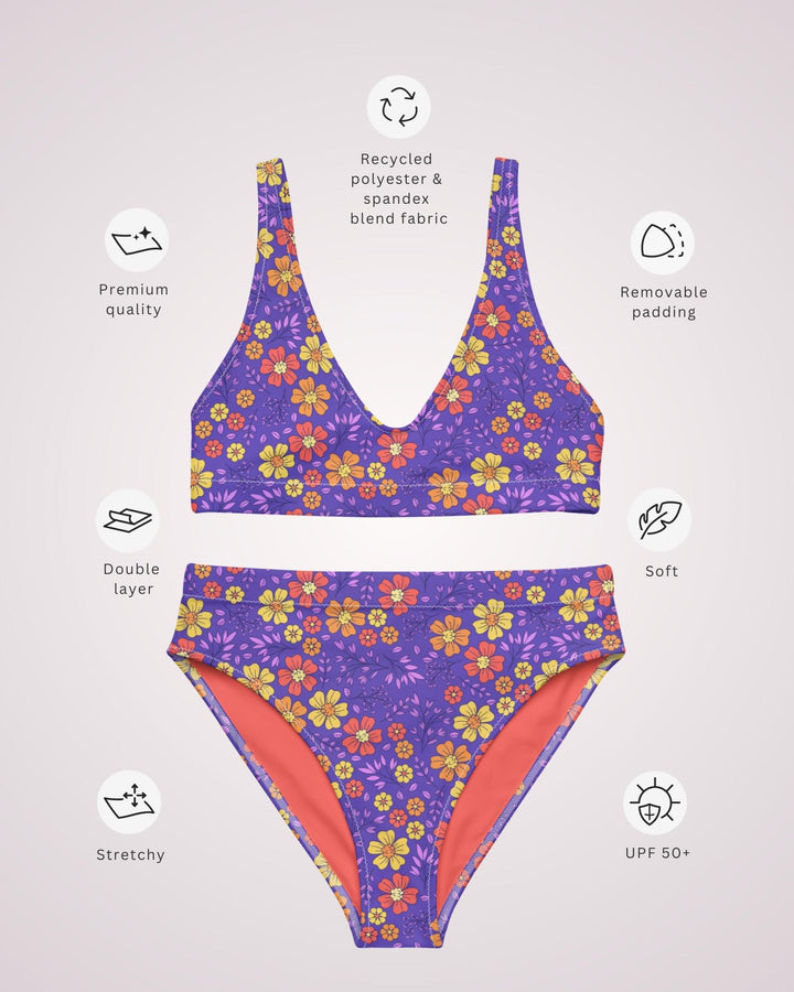 Purple Boho Floral Print Bikini Swimsuit - Cute High Waist Womens 2 Piece Swimsuit Set for Summer Beach Vacay Bathing Suit