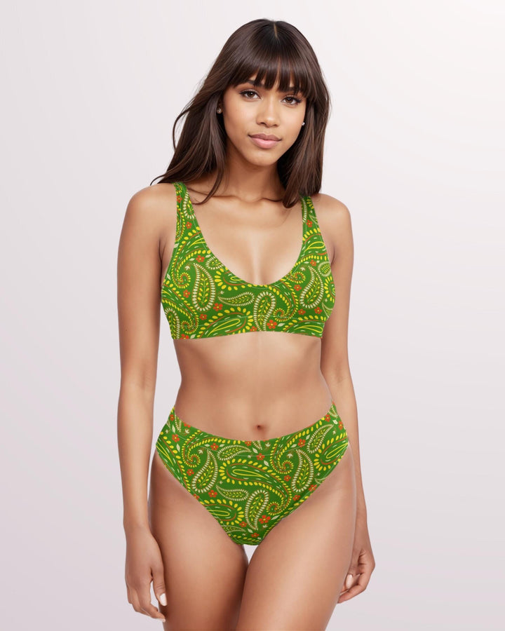 Green Paisley Print Bikini Swimsuit - Cute High Waist Womens 2 Piece Swimsuit Set for Summer Beach Vacay Bathing Suit