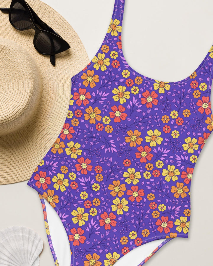 Womens One Piece Swimsuit Purple Boho Floral Print