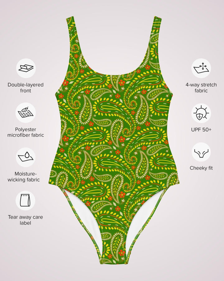 Womens One Piece Swimsuit Green Paisley Print