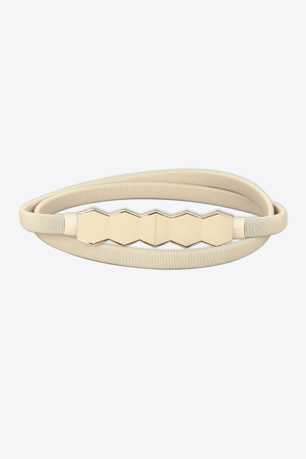 Iron Skinny Belt in ivory with a narrow ribbed profile and a structured geometric center buckle, creating a sleek, sculptural waist accent.