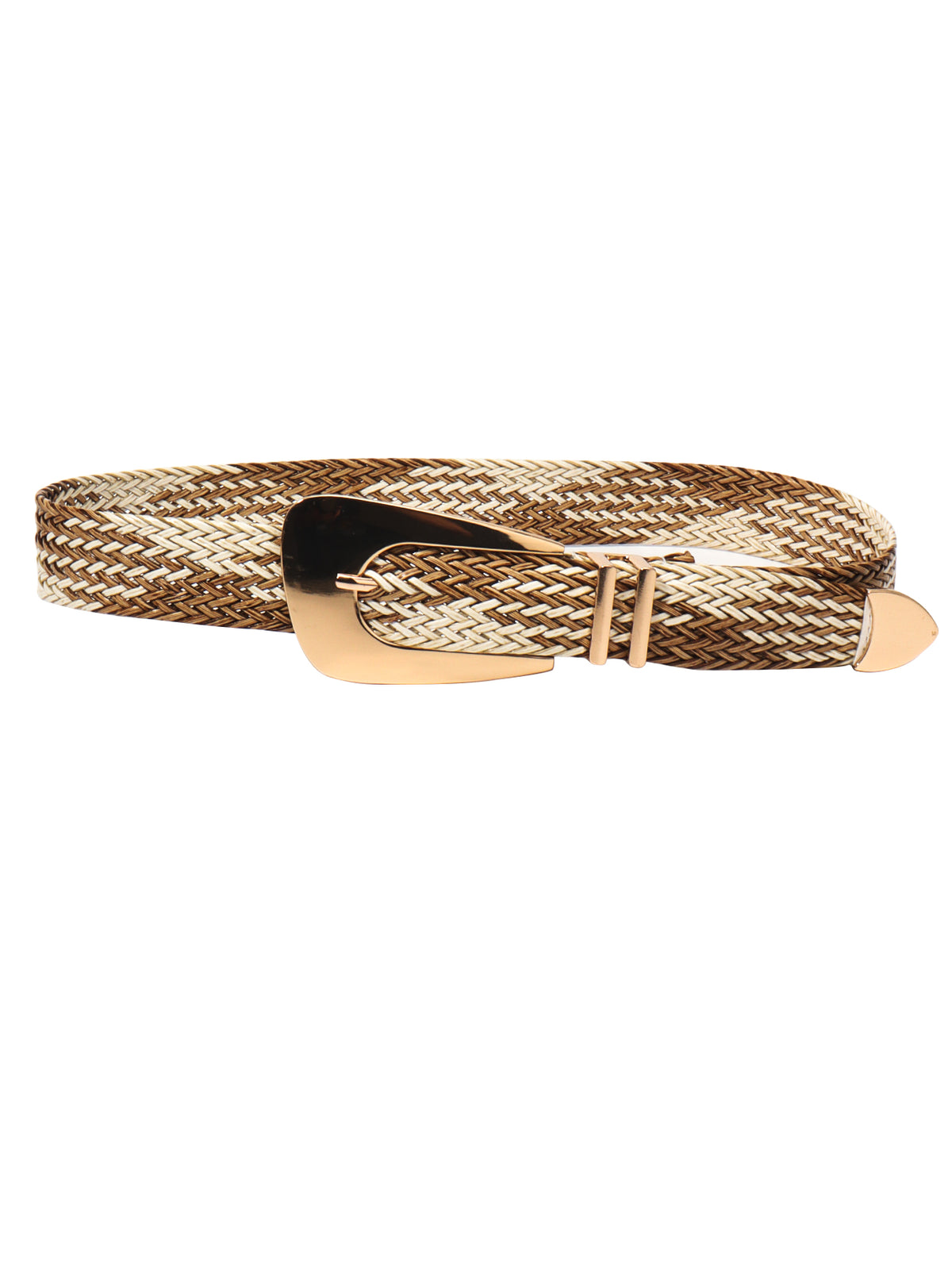Braided polyester belt in brown, cream, and black features a wide silhouette, textured weave, and polished elongated alloy buckle with an irregular shape.