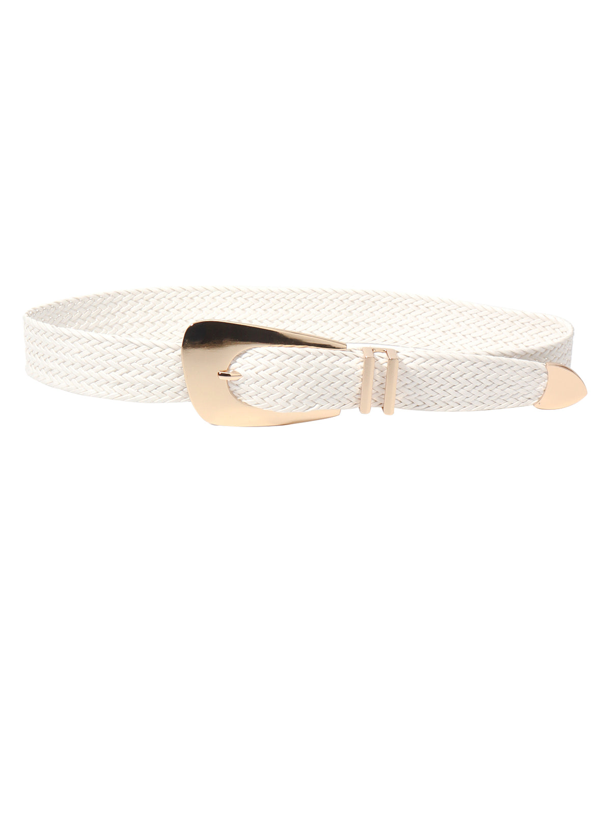 White braided polyester belt featuring a wide woven texture and an oversized irregular gold-tone alloy buckle with a polished elongated silhouette.