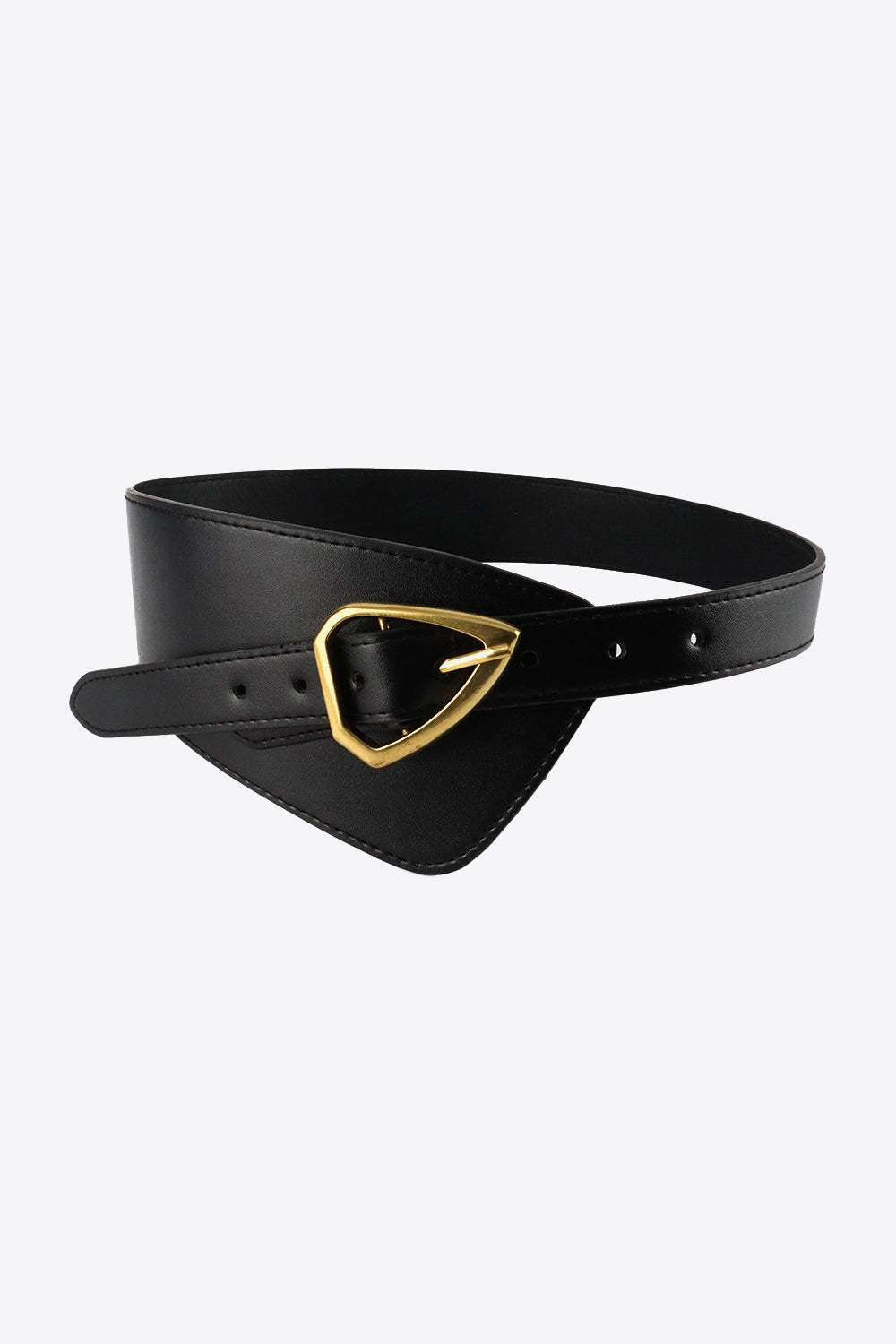 Black irregular PU leather belt with a sculptural wide waist panel, narrower adjustable strap, visible holes, stitched edges, and a gold-tone buckle.
