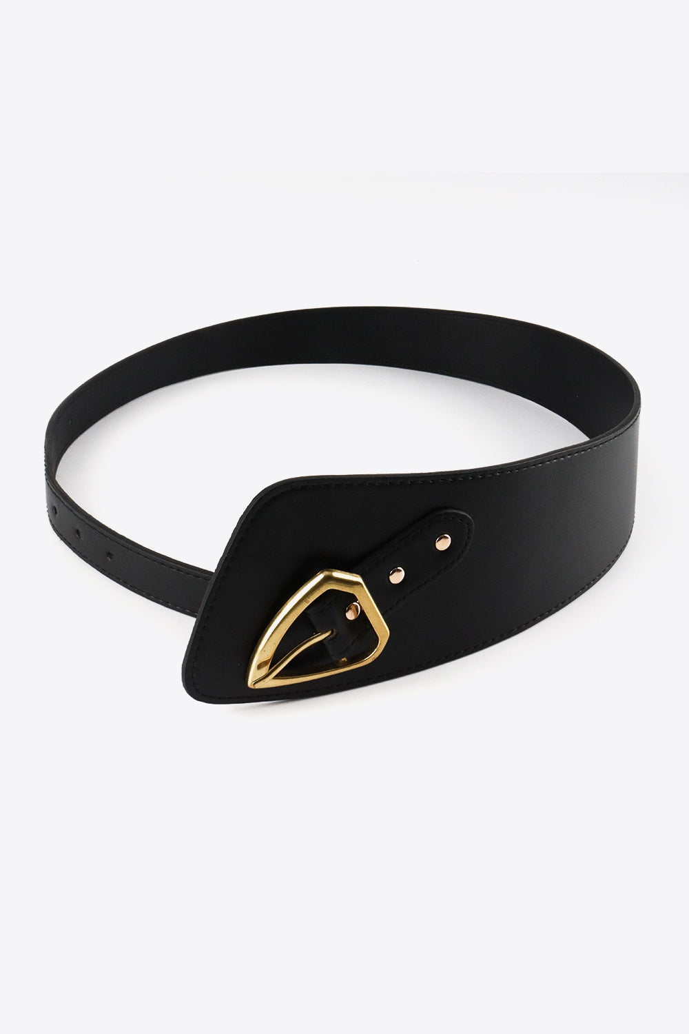 Black irregular PU leather belt featuring a sculptural wide waist panel, narrow adjustable strap, visible holes, stitched edges, and a gold buckle.