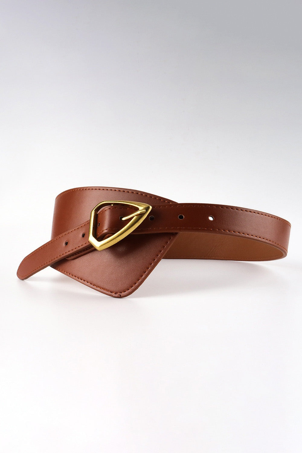 Brown irregular PU leather belt with a broad waist panel, narrow strap, gold-tone buckle, visible adjustment holes, and stitched edges.