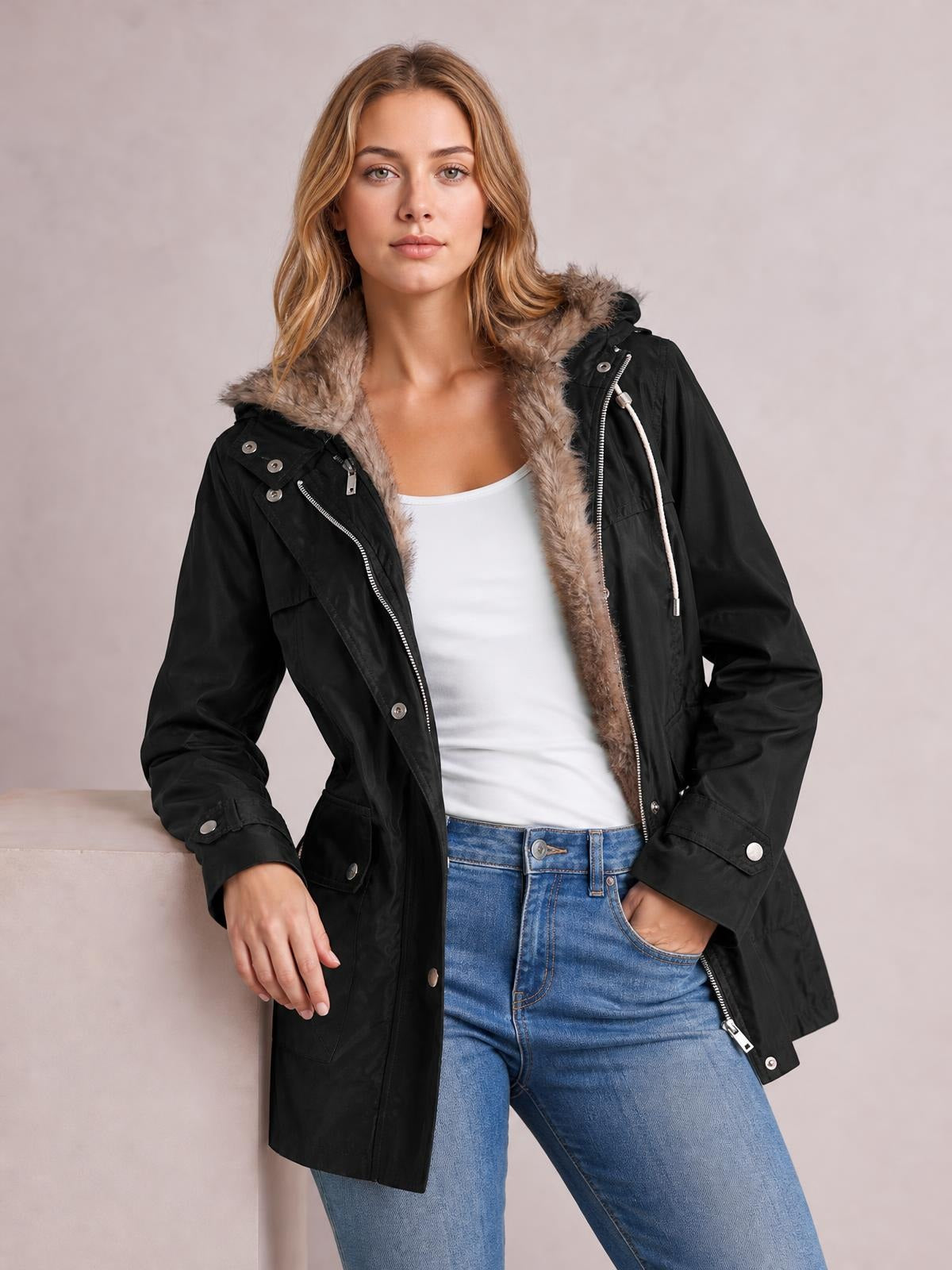 A model poses in a black hooded jacket with a detachable faux-fur liner, zip and button front, flap pockets, long relaxed silhouette, and cuff tabs.