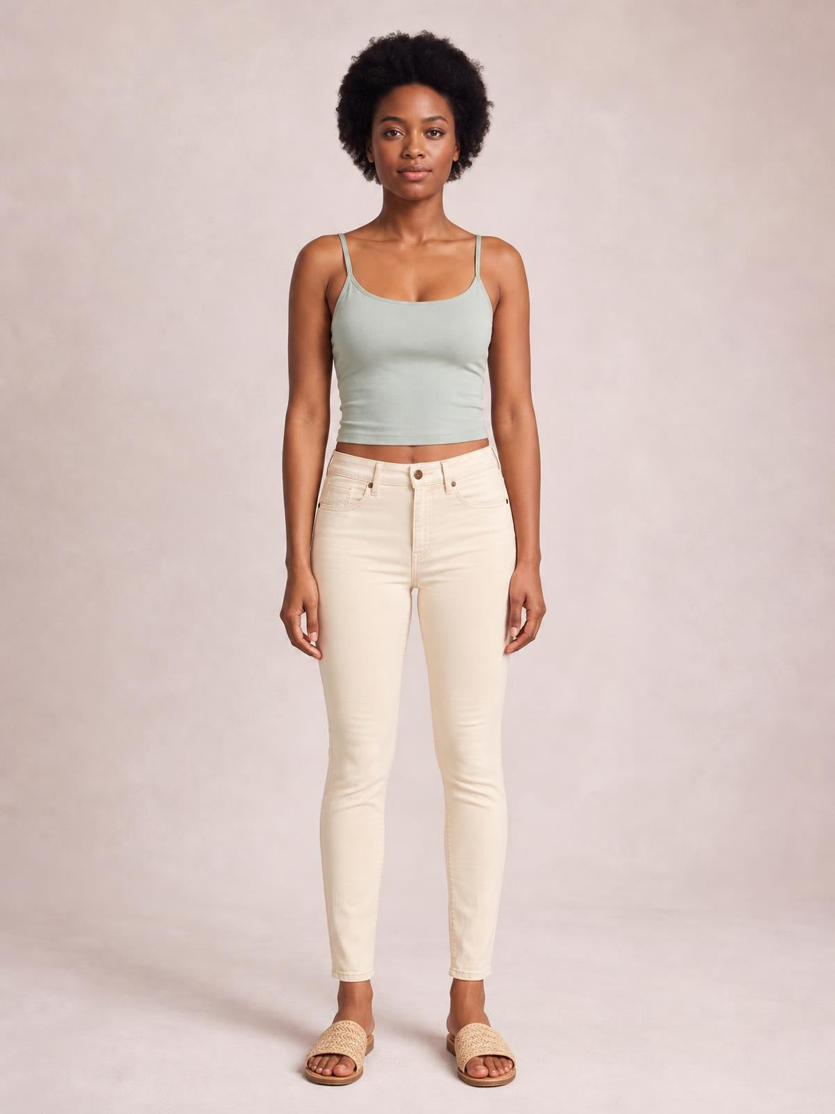 Model stands facing forward in cream garment-dyed tummy control skinny jeans with a high-rise waist, five-pocket construction, button fly, and slim silhouette.