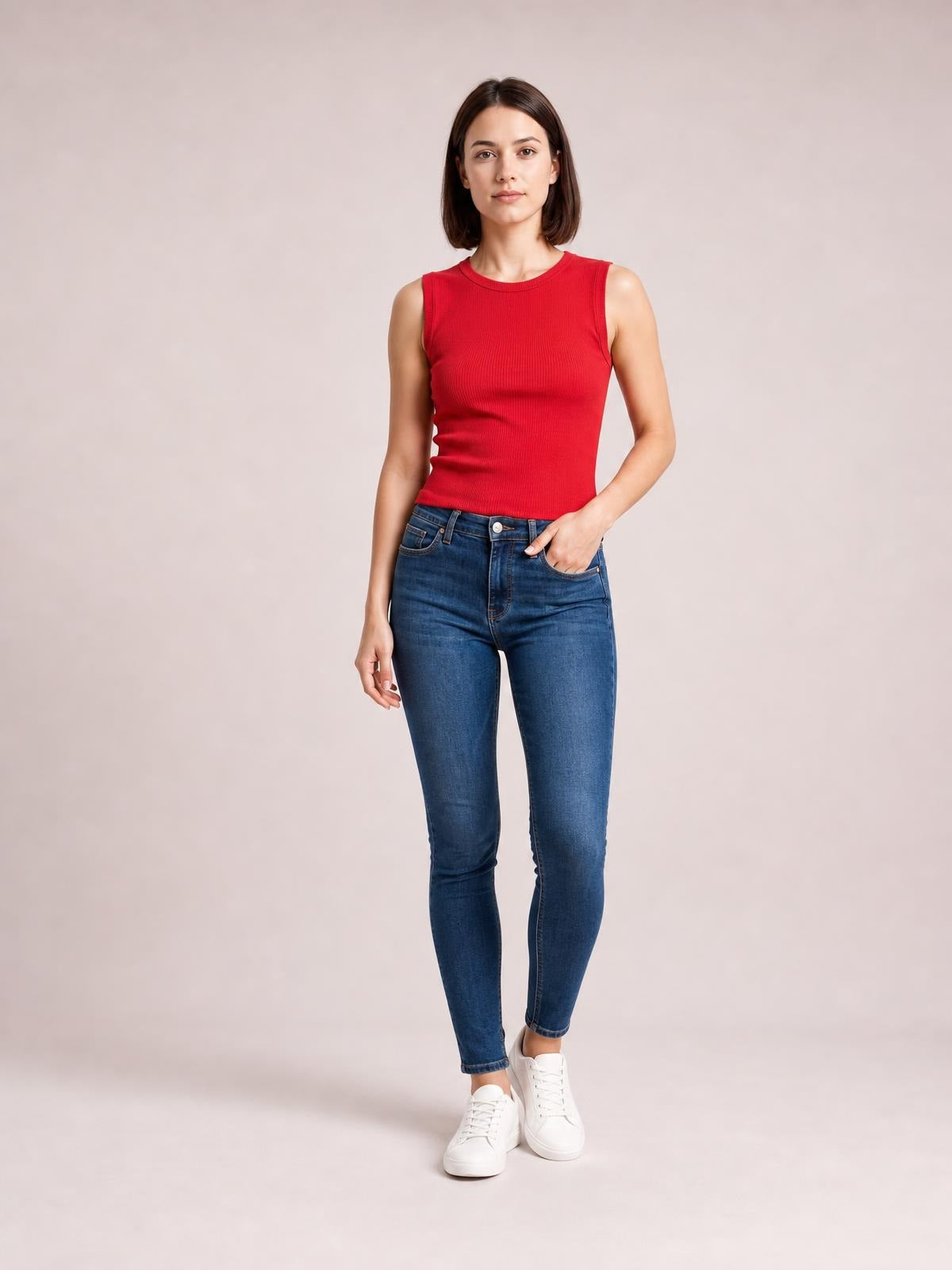 Model wears JuBlue washed thermal skinny jeans in dark blue with a fitted silhouette, button closure, front pockets, and cuffed hems.