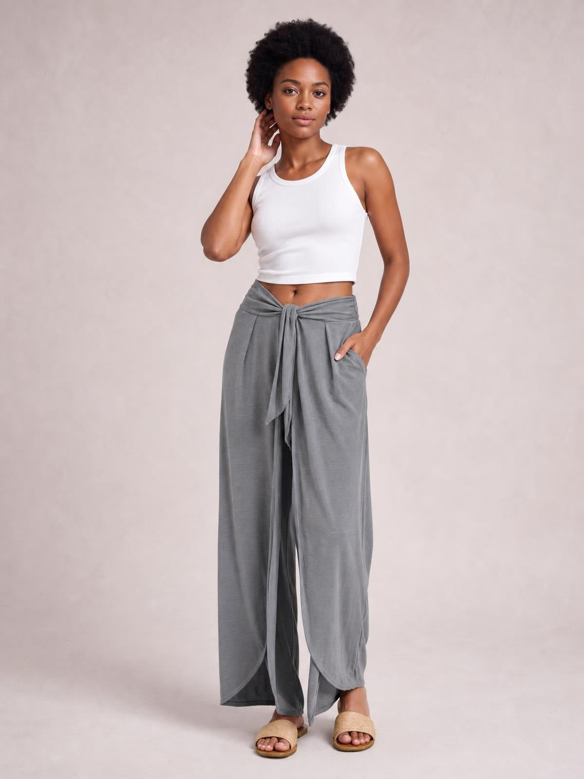 Knotted Waist Split Leg Relaxed Pants · Medium / Three-Quarter