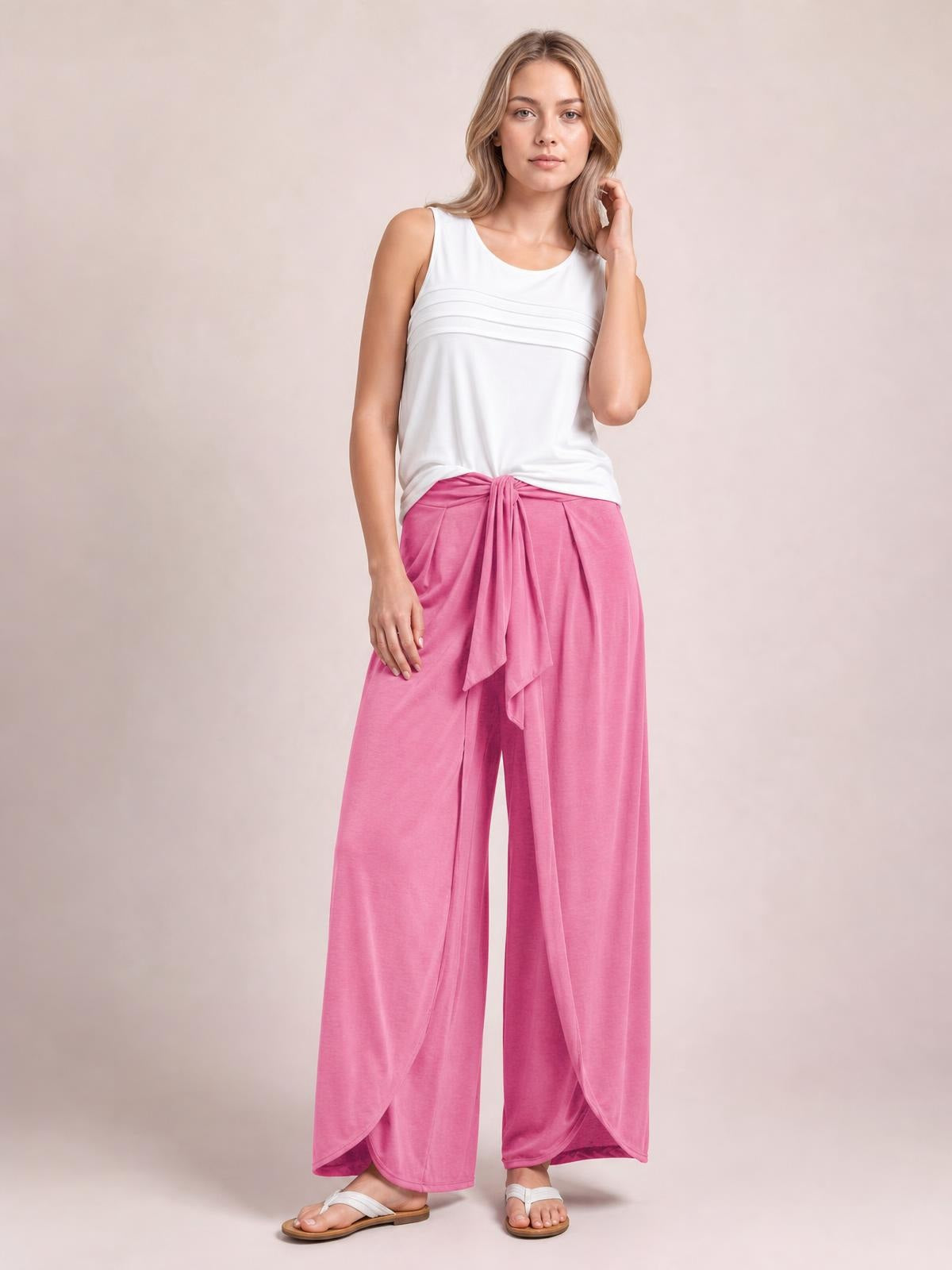 Knotted Waist Split Leg Relaxed Pants · Medium / Three-Quarter